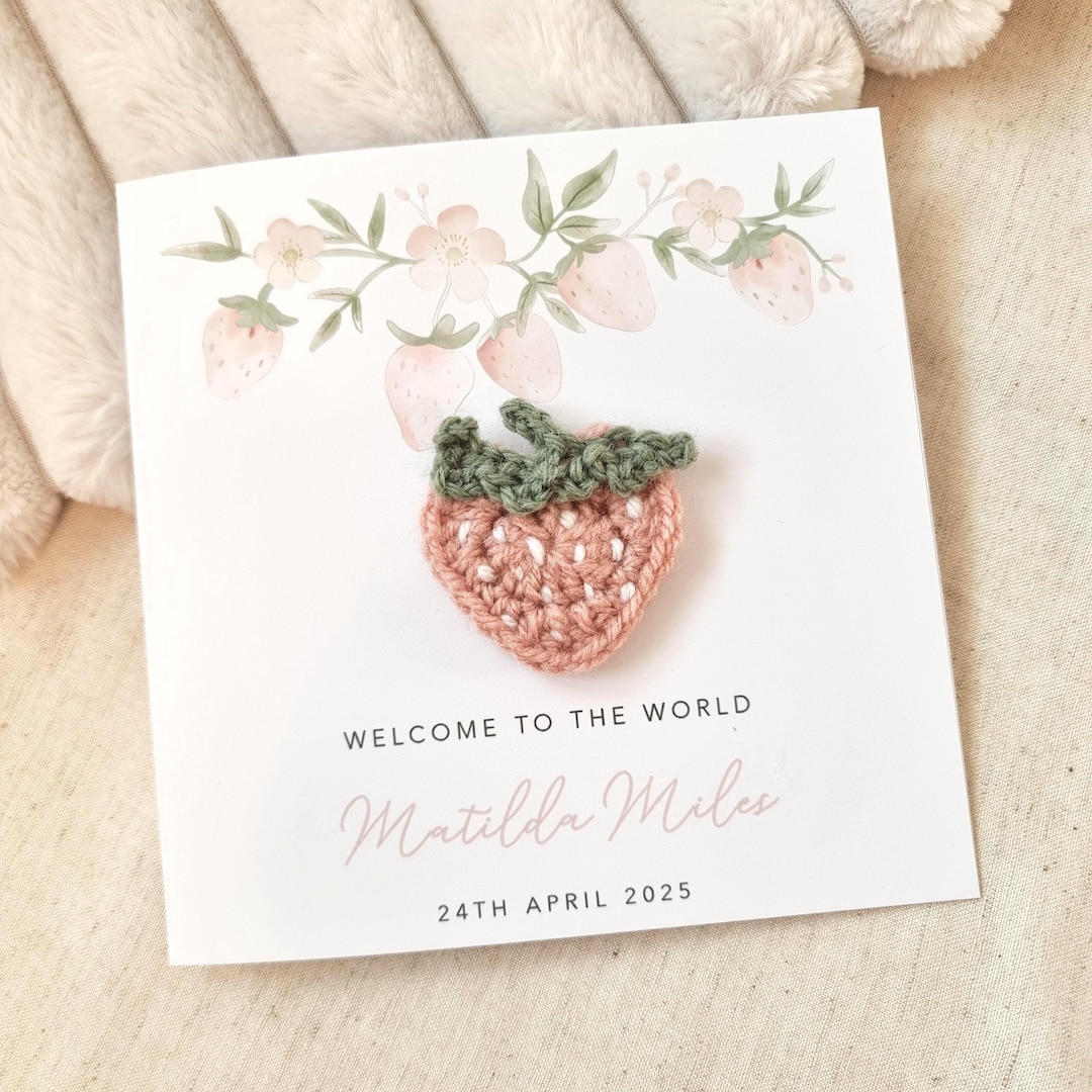 Personalised Strawberry New Baby Card - Handmade Crochet Strawberry ...