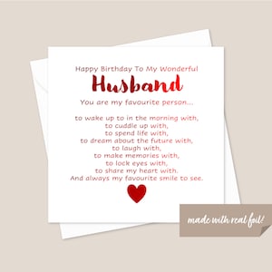 Personalised Romantic Husband Birthday Card - Romantic Birthday Poem Card For Husband - Cute Birthday Card For Husband - Red Foil Card