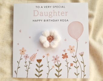 Carte d'anniversaire personnalisée fleur fille - fleur soufflée au crochet fait main - carte d'anniversaire pour fille - carte de voeux fille