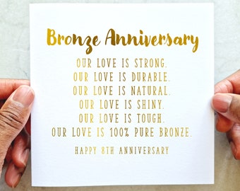 8th Wedding Anniversary Card - Bronze Anniversary Wedding Card - 8 Years Anniversary Card For Husband Or Wife - Gold Foil