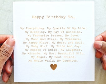 Carte d'anniversaire de fille - carte d'anniversaire de fille - carte d'anniversaire pour fille - carte d'anniversaire pour elle - carte de poème - carte de feuille d'or rose