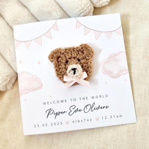 Personalised Clouds New Baby Card - Handmade Crochet Bear - New baby Girl Card - Card For New Baby - Welcome To The World - Baby Girl
