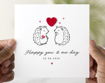 Happy You & Me Day Anniversary Card, Personalised Date Card for Partner, Hedgehog Card with Handmade Crochet Heart