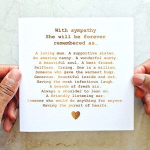 Poem Sympathy Card - Thinking Of You Card - Sending Sympathy Card - Bereavement Card - She Will Be Forever Remembered - Rose Gold Card
