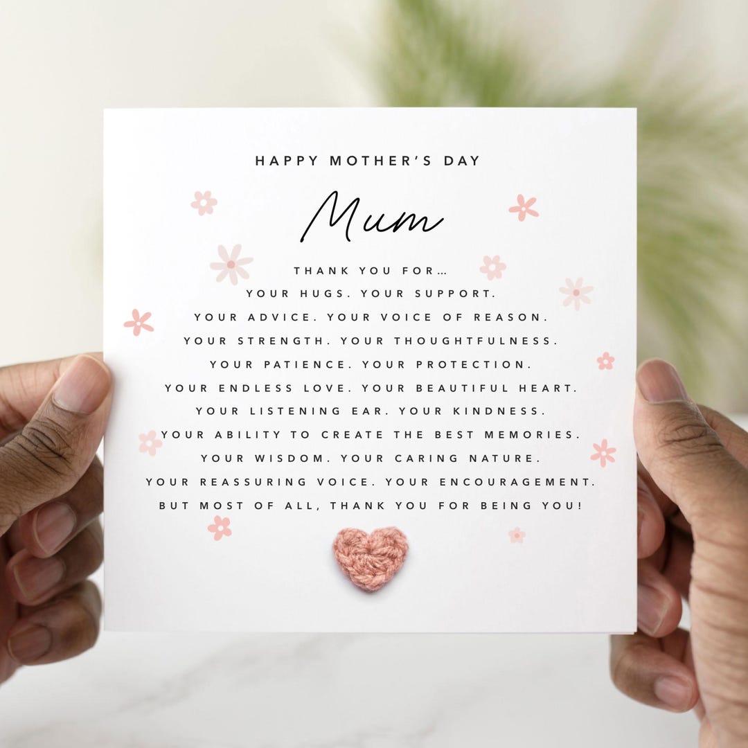 Thank You Mum Mothers Day Card - Handmade Crochet Heart - Poem Mother’s ...
