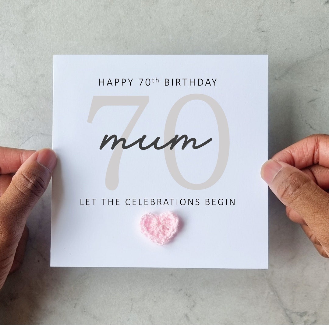 70th Mum Birthday Card - Handmade Crochet Heart - 70th Card for Mum ...