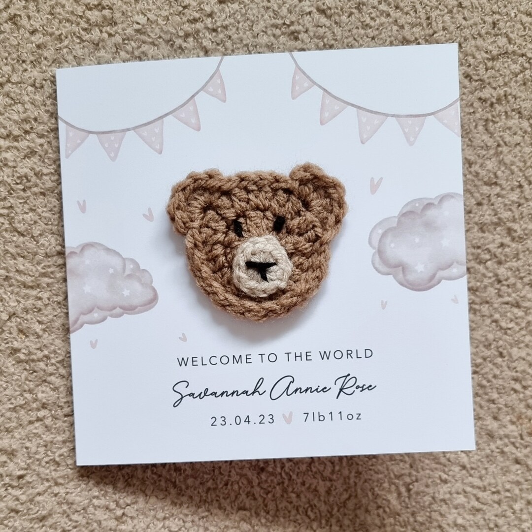 Personalised Crochet New Baby Card - Handmade Crochet Bear - New Baby ...