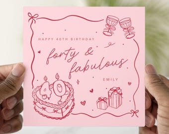 40th Birthday Card Personalised, Forty and Fabulous Card, Custom Name 40th Card, Funny 40th Birthday Card for Her, Pink Birthday Card