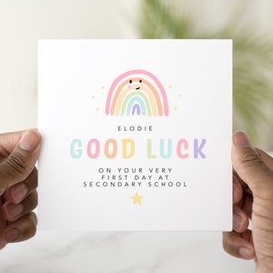 Personalised First day of Secondary School card - School Good Luck Card - Rainbow Theme - On Your Very First Day