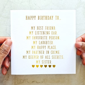 Sister Birthday Card Poem - Birthday Card Sister - Birthday Card For Sister - Special Sister Birthday Card - Gold foil Handmade Card