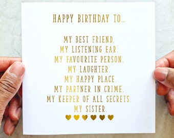 Sister Birthday Card Poem - Birthday Card Sister - Birthday Card For Sister - Special Sister Birthday Card - Gold foil Handmade Card