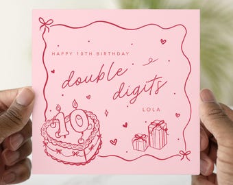 Personalised 10th Birthday Card, Officially Double Digits Birthday Card, Pink 10th Birthday Card For Her, Girl Birthday Card
