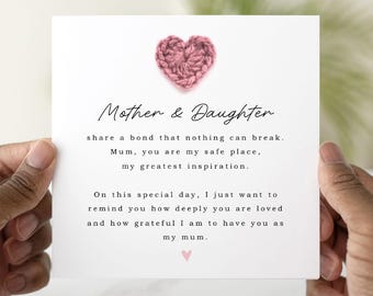 Bond Mother and Daughter Card, Mum Birthday Card from Daughter, Sentimental Mum Card, Handmade Crochet Heart Card, Mum Gift Keepsake