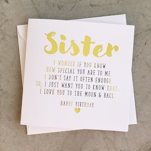 Sister Birthday Card Poem - Birthday Card Sister - Birthday Card For Sister - Special Sister Birthday Card - Gold foil Handmade Card