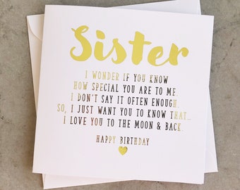 Sister Birthday Card Poem - Birthday Card Sister - Birthday Card For Sister - Special Sister Birthday Card - Gold foil Handmade Card