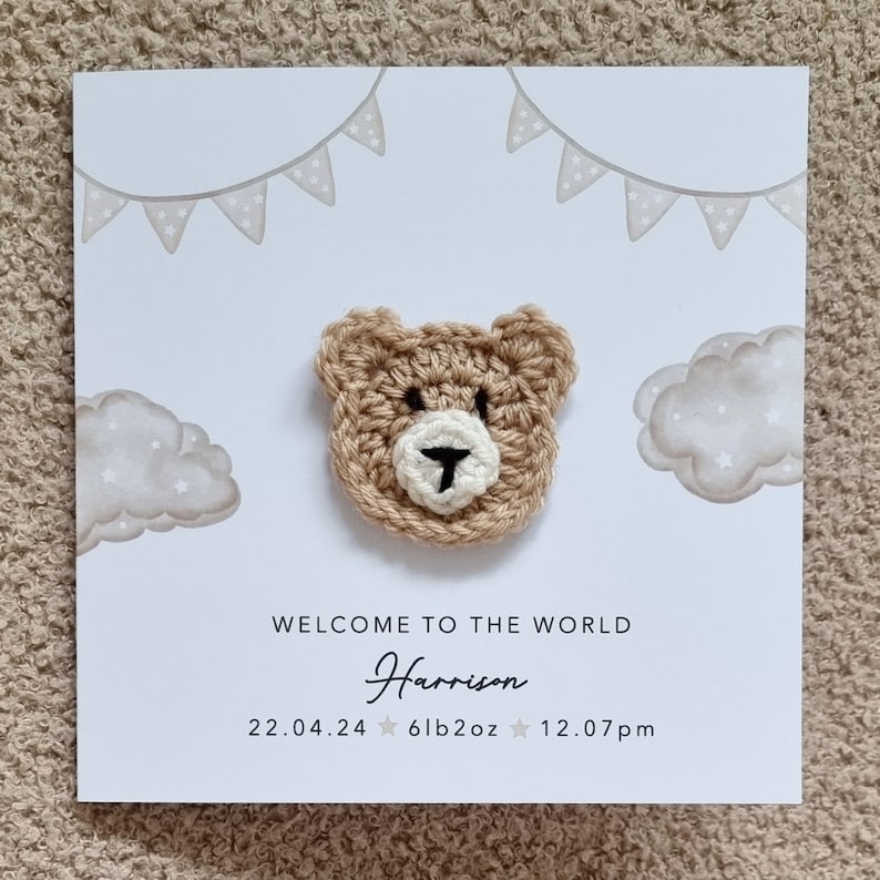 Personalised Crochet New Baby Card - Handmade Crochet Bear - New Baby ...