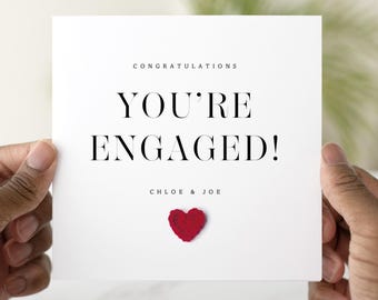 Personalised Engagement Card for Couple, Congratulations You’re Engaged Card, Custom Names, Handmade Crochet Heart