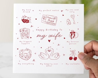 Cute Wife Birthday Card, Birthday Card For Wife, Doodle Design, Wife Card, Card For Her