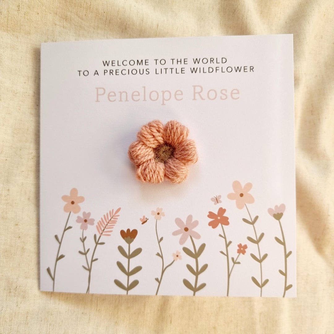 Personalised New Baby Card - Handmade Crochet Puff Flower - New Baby ...