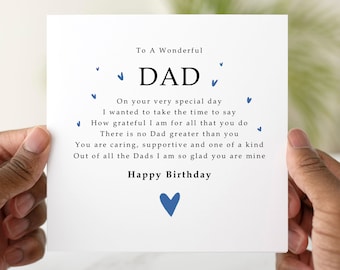 Peut inclure: Une carte blanche avec des cœurs bleus et le texte "To A Wonderful DAD" et un message souhaitant un joyeux anniversaire à un père. La carte dit : "On your very special day I wanted to take the time to say How grateful I am for all that you do There is no Dad greater than you You are caring, supportive and one of a kind Out of all the Dads I am so glad you are mine Happy Birthday."