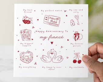 Anniversary Card for Fiancé, Fiance Anniversary Card, Romantic Card, Red Doodle Couple Card