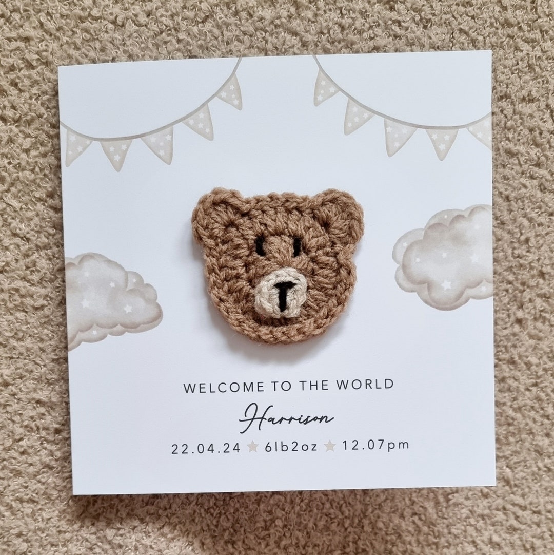 Personalised Crochet New Baby Card - Handmade Crochet Bear - New Baby ...