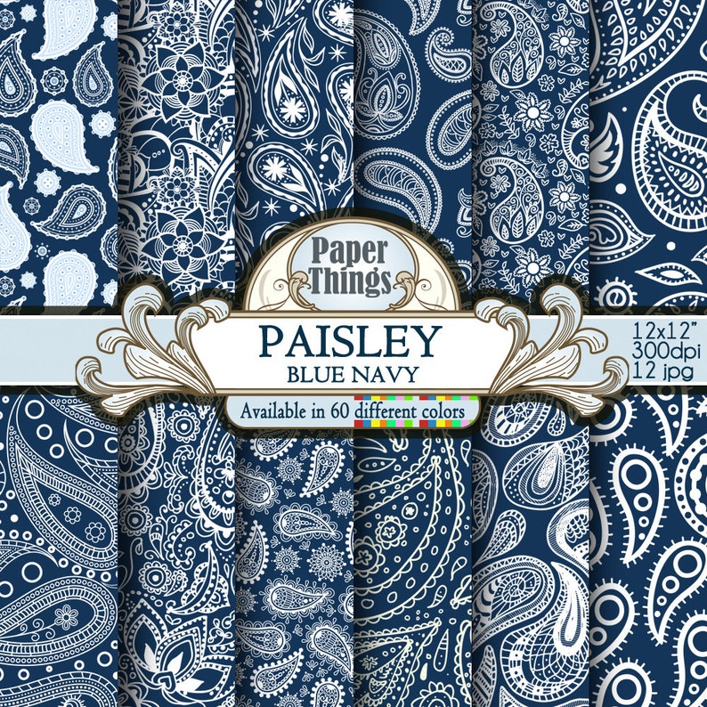 Blue Navy Paisley Digital Scrapbook Paper, Digital Paisley Shapes ...