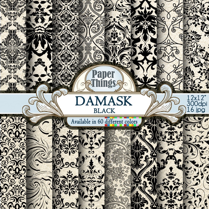 Black Damask Digital Paper, Black Scrapbook Paper, Black Paper Set