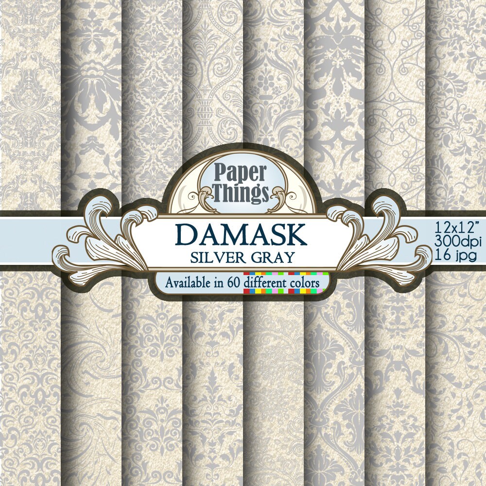 Silver Gray Damask Digital Paper Silver Scrapbook Background Etsy