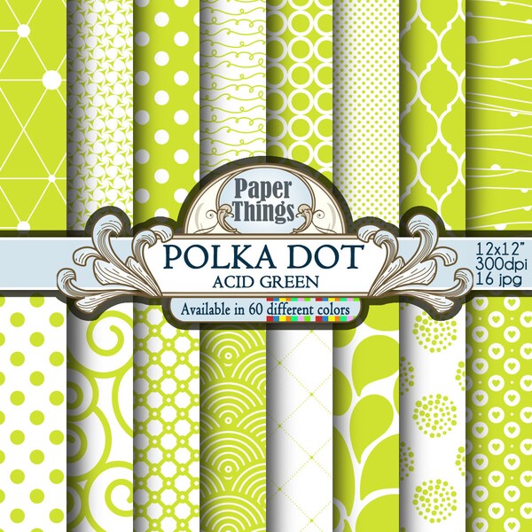 Acid Green Patterns Scrapbook Paper with Printable Acid Green Backgrounds and Polka Dot Backdrops - Acid Green Geometric Digital Paper