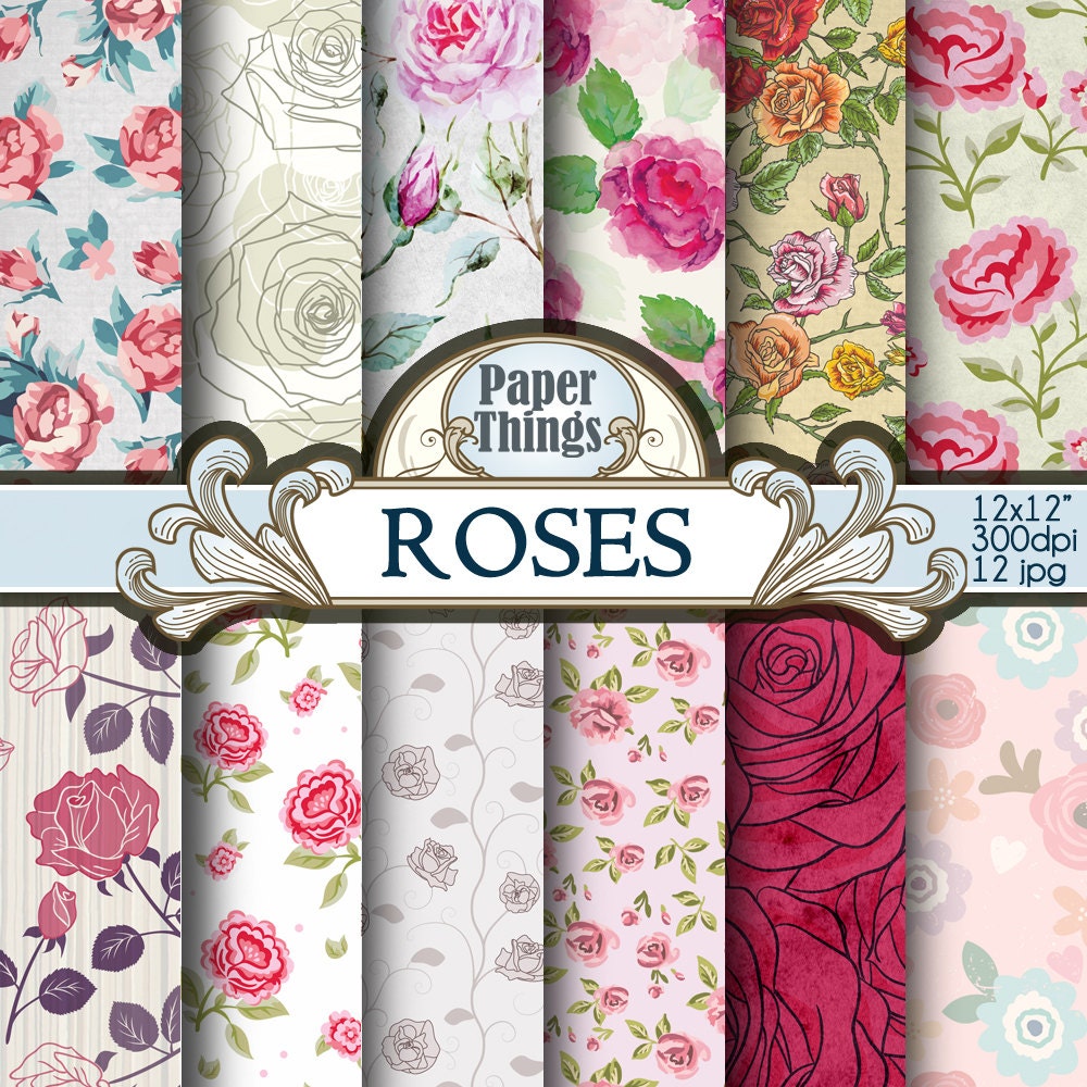 Roses Scrapbook Instant Download, Flowers Digital Paper Pack NO