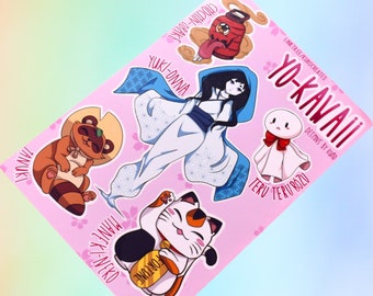 Yo-Kawaii Sticker Sheet - Yokai Stickers Inspired by Japanese Folklore (6 Stickers)