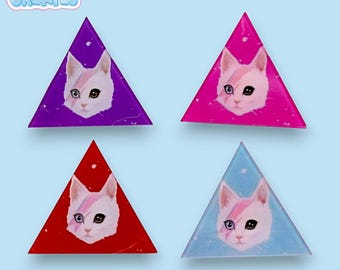 Kitty Stardust Triangle Badge - Bowie-Inspired Glam Rock Cat Pin (Purple, Pink, Red, Blue)