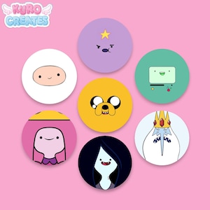 May include: Set of eight round stickers featuring characters from the animated television series Adventure Time. The stickers feature Finn the Human, Jake the Dog, Princess Bubblegum, Marceline the Vampire Queen, Ice King, Lumpy Space Princess, BMO, and the Lich.