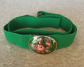 Vintage Cloisonné Belt Buckle With Green Stretch Belt - Etsy display picture 1