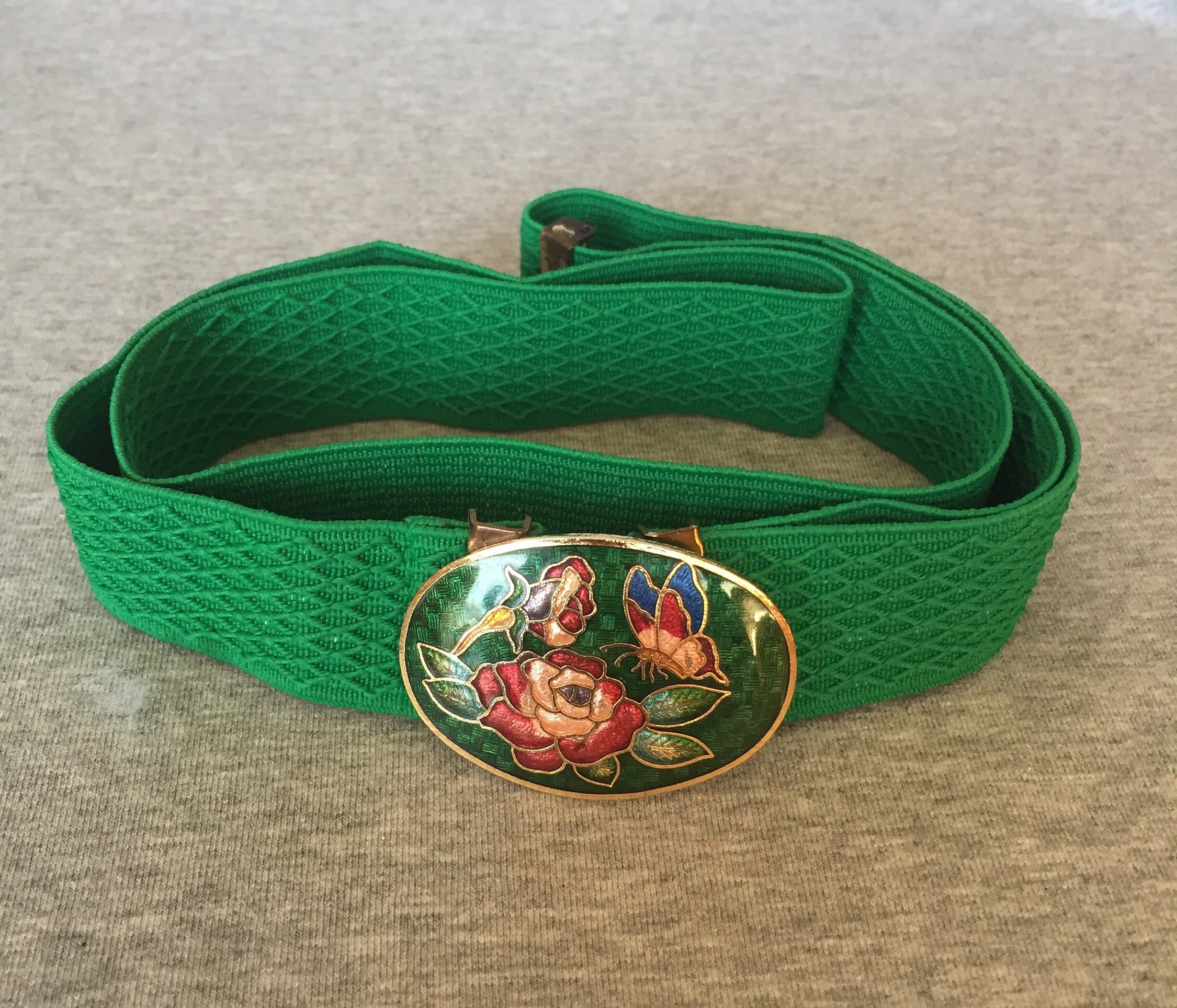 Vintage Cloisonné Belt Buckle With Green Stretch Belt - Etsy
