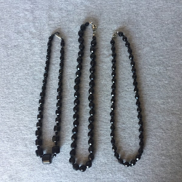 Three Vintage Glass Bead Jet-like Necklaces