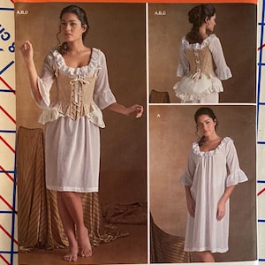 May include: Simplicity sewing pattern 8162 for a bodice and chemise. The pattern envelope displays a beige corset-style bodice with front lacing and a white ruffled chemise with three-quarter length sleeves. Size U.S. 6-14 is indicated on the front.