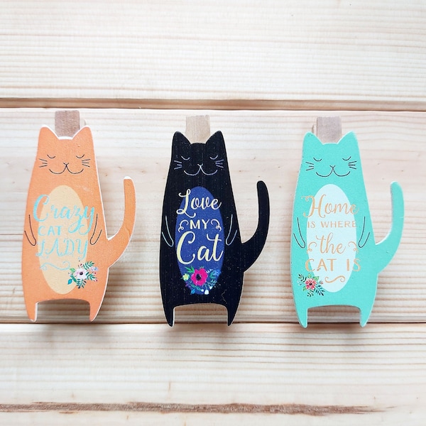 Cat Wooden Clothespin Magnets Set of 3 / Wooden Clothes Peg Magnets / Cat Fun Decor / Cute Cat Pins for hanging up art