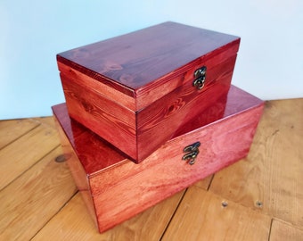 Pine wood handcrafted Set of Two Boxes / hinged lid and a latch / stained and varnished / storage box / decorative box