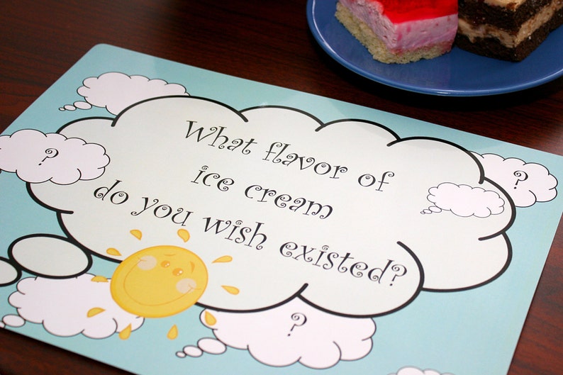 12.3\u2033 x 8.7\u2033 Set of 10 Table Mats laminated /'Fun Questions/' for Kids Great addition to any Party!