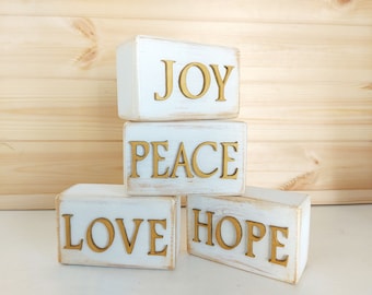 Set of 4 wooden text blocks / decorative rustic letter blocks / Inspirational home decor / Love Hope Peace Joy / Holiday decorations