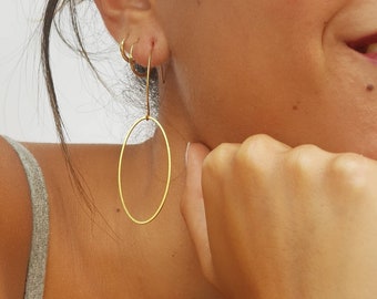 Gold hanging Hoop Oval Earrings, Chunk Hoops Earrings, Open Circle Earring for Women, Geometric Wire Hoop Earrings, Simple Everyday Earrings