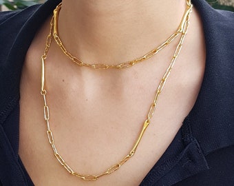 Minimalist Gold Paperclip Chain Necklace, Long Layered Bar Lariat