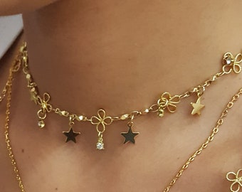 Stars Choker Collar Necklace, Romantic Statement Necklace, Layered gold star chain choker, Cute wedding set Necklace & Bracelet