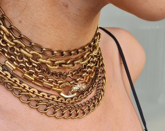 Multi Strand Gold Chain Necklace, 9 Layer Mixed Chain Choker, Rhinestone Clasp Statement Necklace, Layered Gold Chains, Nine Lives Necklace