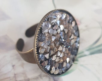Clear Swarovski Crystal Ring, Adjustable Pave Disc Ring