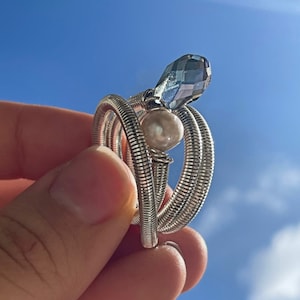Unique Wrapped Silver Ring With A Stone , Clear Swarovski Ring, Silver Ring with Pearl, Thick Wire Ring,Chunky Wide Wrapped Silver Ring