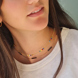 Multicolor Necklace, Dainty Colored Necklace Set, Thin Colorful Beachy Necklace, Summer Layering Set, , Gold Minimal Necklace