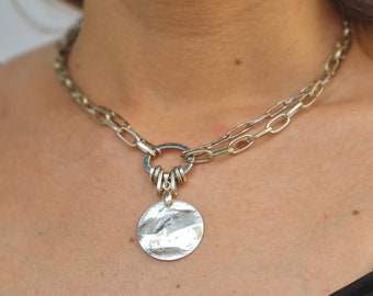 Chunky Silver Necklace, Choker Chain, O-Ring Choker Necklace, Antique Silver Chain, Hammered Disc Pendant, Statement Necklace